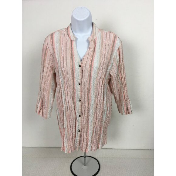 Dressbarn Womens Top Size 1X Pink White Green Striped Button Up Blouse V neck - Picture 6 of 14